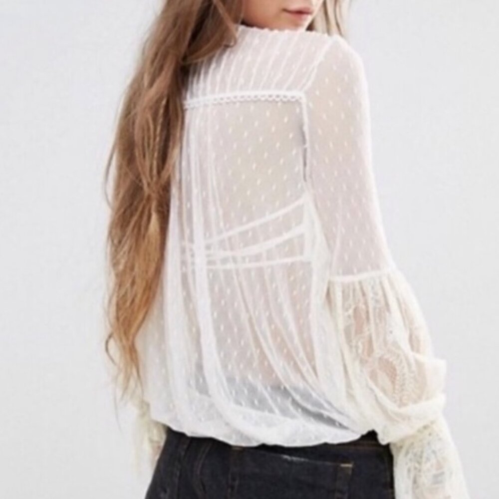 Free People Far Away Lace Blouse Medium Cream Sheer Boho Romantic Top - Picture 2 of 16